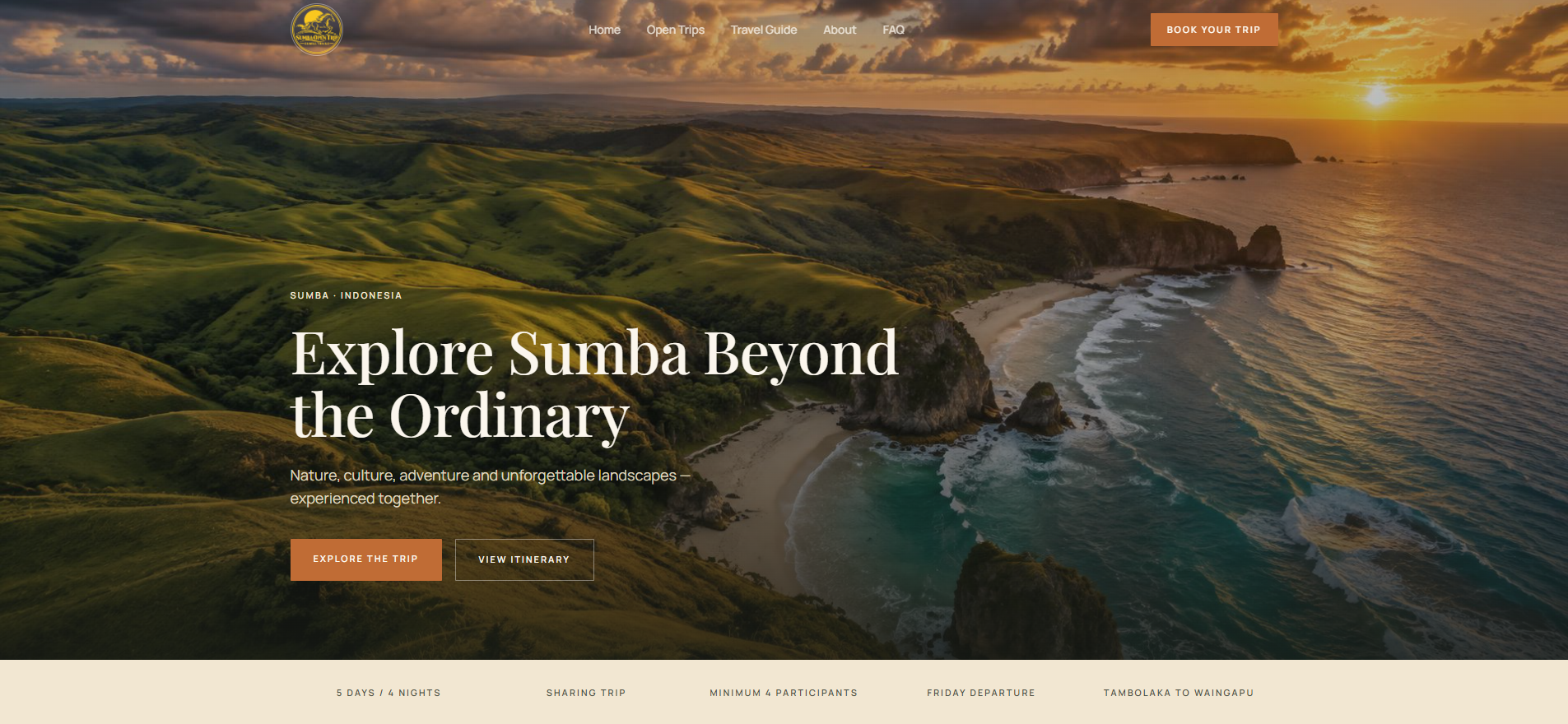 Sumba Open Trip website homepage designed by Aruna Digital