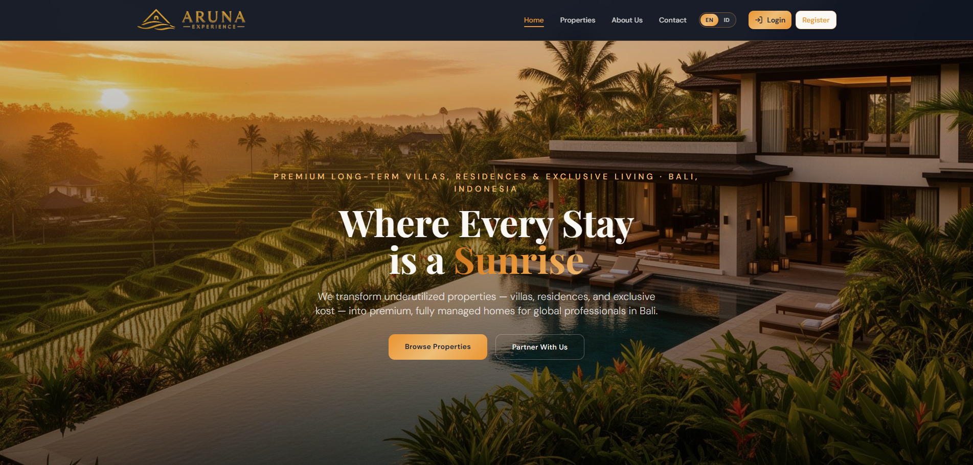 Aruna Experience website homepage designed by Aruna Digital