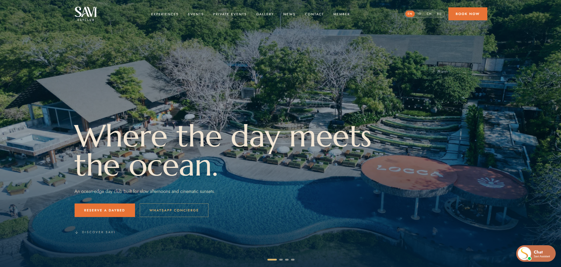 Savi Dayclub website homepage designed by Aruna Digital